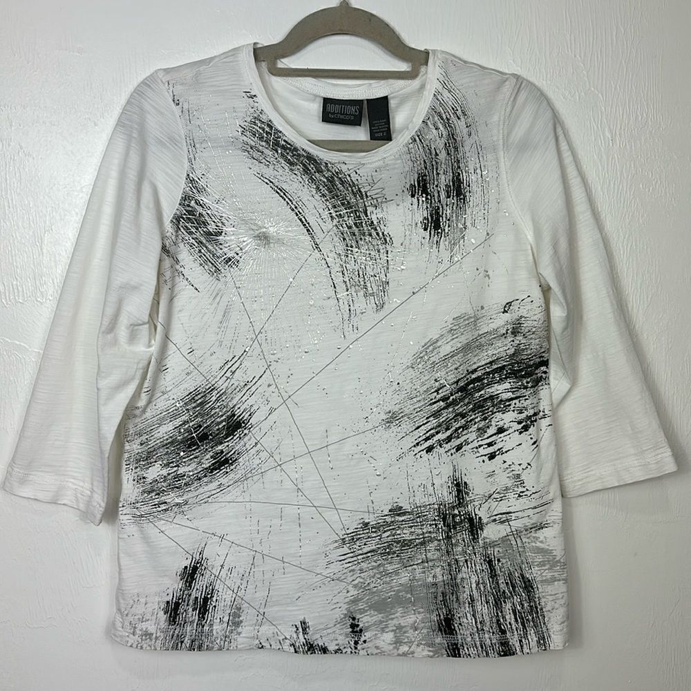 Additions By Chico’s Pima Cotton White Printed 3/4 Sleeve Top Size L